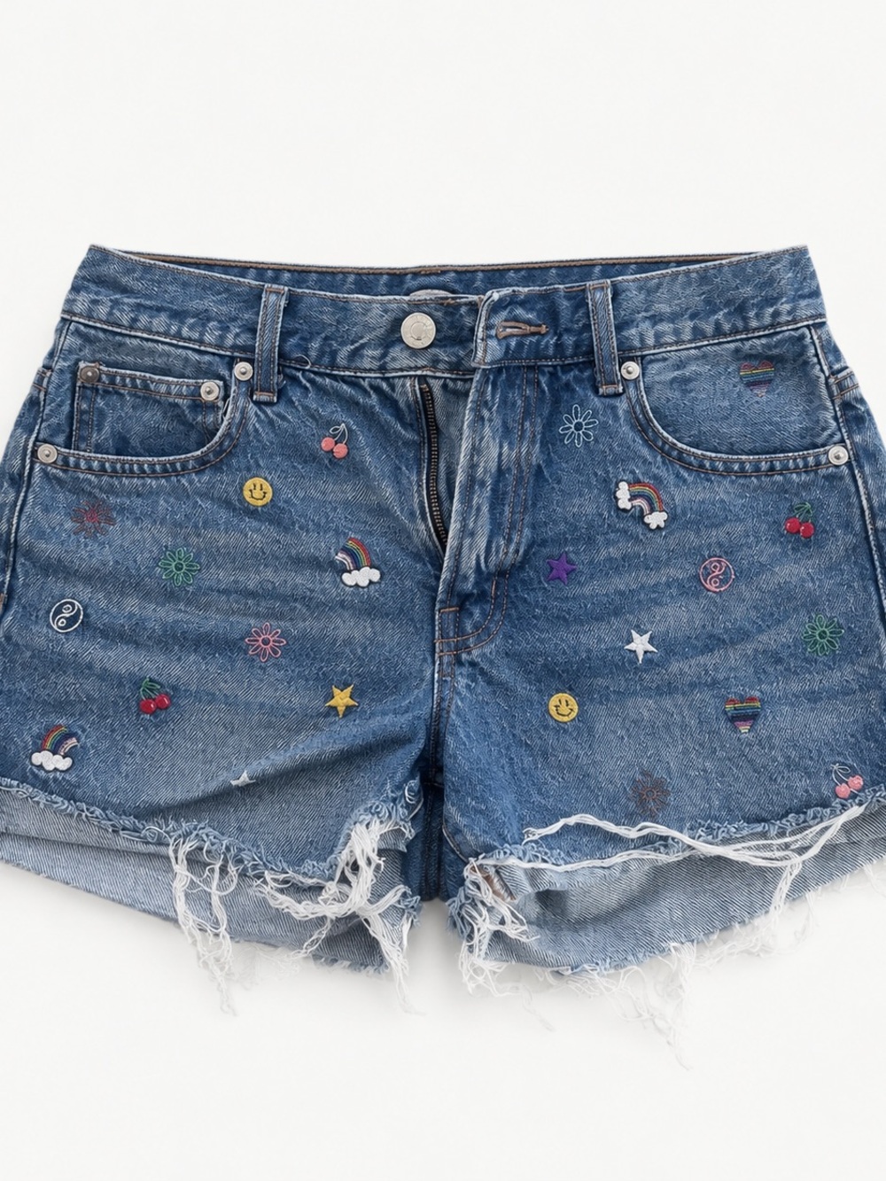 American Eagle Outfitters Blue Distressed Denim Shorts with Embroidered Patches